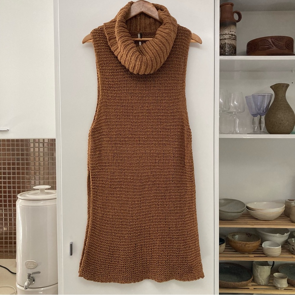 Free people crochet knit tank dress cotton turtleneck mustard brown